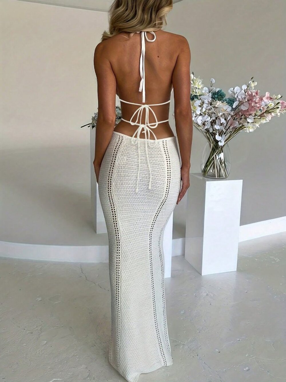 Women's White Sexy Knitted Maxi Beach Dress Open Back Criss-Cross Strap Cover-Up - Picture 2 of 5